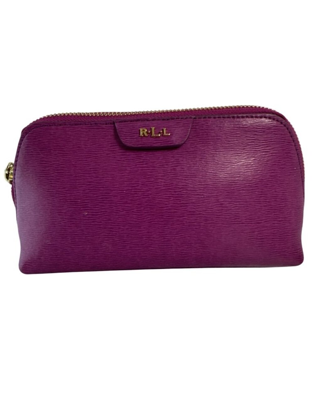 Ralph Lauren Purple Leather Cosmetic Bag W/Gold Zipper & Monogrammed RLL Logo
